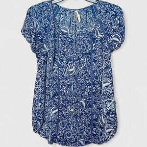Truth NYC Blue White Paisley Embroidered Semi-Sheer Short Sleeve Blouse - Size M